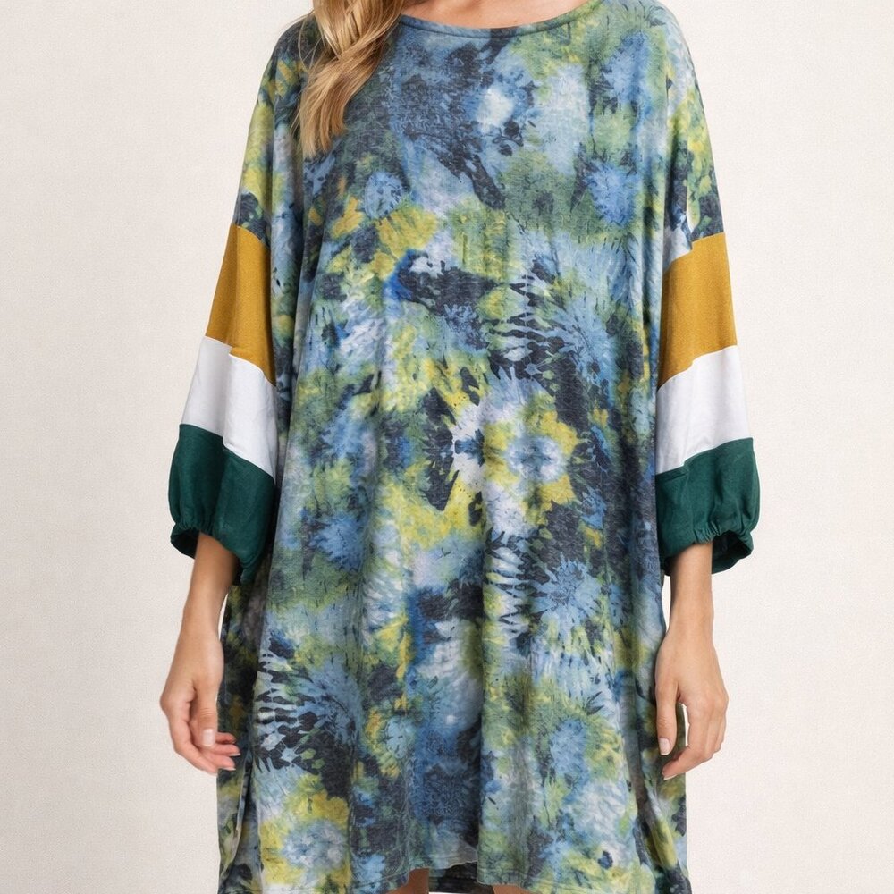 EMERALD 1X DRESS WATER COLOR LOOK STRIPED LONG SLEEVE, NAVY MUSTARD HUNTER